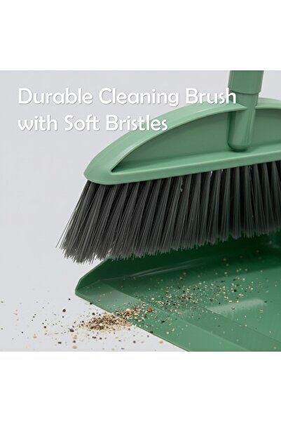 Houzi Dustpan and Broom Brush Set Long Durable Handle Soft Tipped Bristles (Assorted Color)