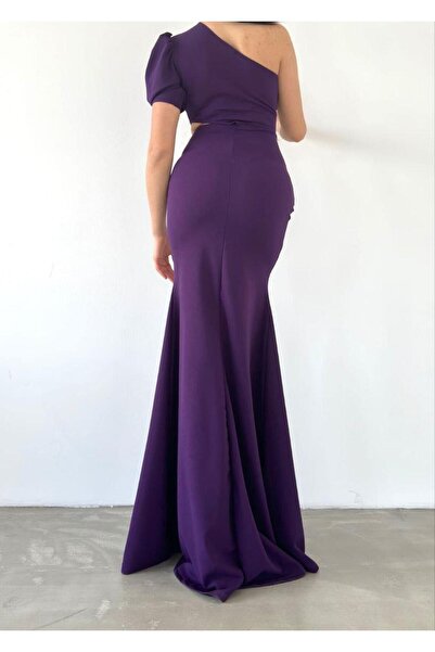 Modafeminen Țesătură creponată importată B decupaj în talie Rochie cu o singură mânecă Y cu fantă 582872 VIOLET