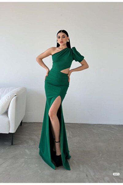 Modafeminen Imported Crepe Fabric Low-Cut One Sleeve Y Slit Dress 582872 Zumrut