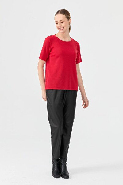 Desen Triko Women's Crew Neck Short Sleeve Basic Wool Blouse A.Red