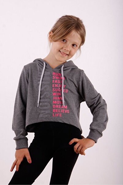 Toontoy سترة أنثراسايت ريلاكس فيت بغطاء رأس مطبوع للفتيات - خيطين