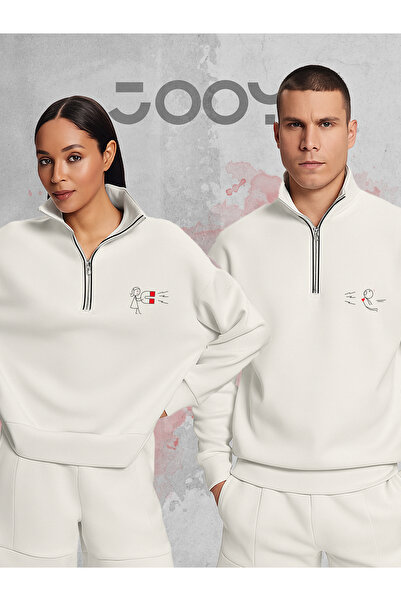 Jooy Магніт Дорогий Дизайн Світшот з напівзастібкою Подвійний комплект Білий 2-х частинний комплект