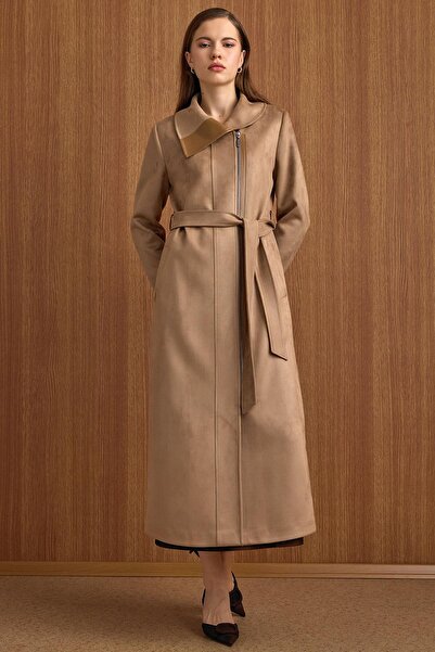 Olcay Turn-Down Collar Zipper Closure Leather Paneled Suede Look Cap A.Kamel 6804