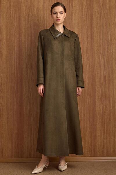 Olcay Turn-Down Collar Stone Detailed Suede Look Oversized Coat K.Haki̇ 6795