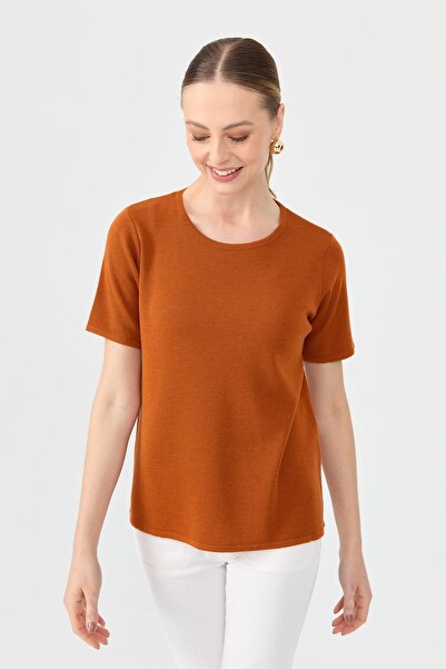 Desen Triko Women's Crew Neck Short Sleeve Basic Wool Blouse A.Kiremit