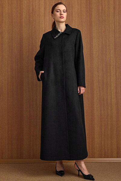 Olcay Turn-Down Collar Stone Detailed Suede Look Oversized Overcoat Black 6795