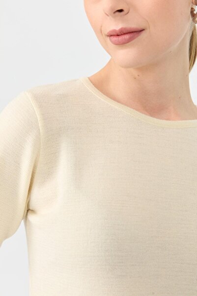 Desen Triko Women's Crew Neck Short Sleeve Basic Wool Blouse Bone