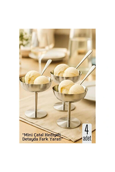 shopwave 4-Piece Silver Inox Steel Footed Ice Cream and Presentation Bowl – Dessert, Turkish Delight and Presentation Container