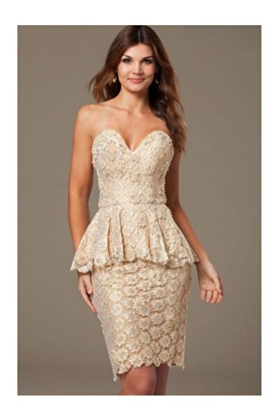 Jovani New York Rochie de ocazie nude midi mulata din dantela cu volan in talie