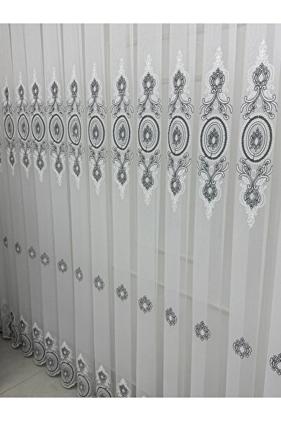 NİVEMESHOME 1453 Ottoman Motifed Silver Detailled 1/3 Firmly Plied Tulle Curtain Apm