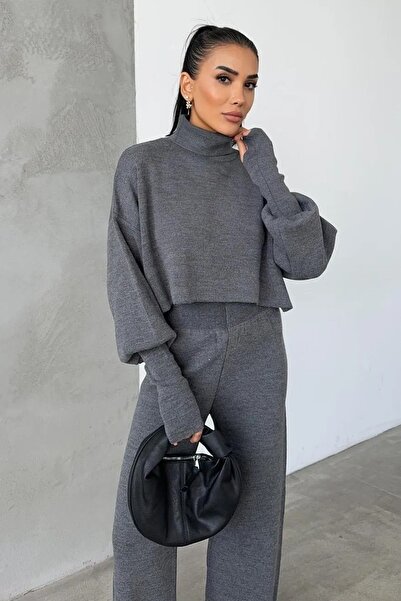 munora butik Finger-Cut High Waist Knitwear Grey Suit Two Piece Sets 015