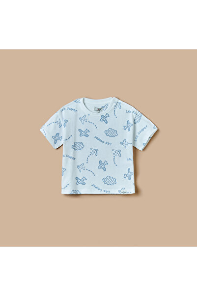 Lee Cooper All-Over Airplane Print T-shirt with Short Sleeves and Crew Neck