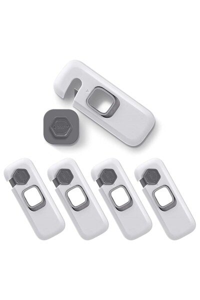 menz Set of 5 Safety Locks Premium Protect Kids - Adhesive 3M, 360° Button, 10x4x2 cm, White/Grey