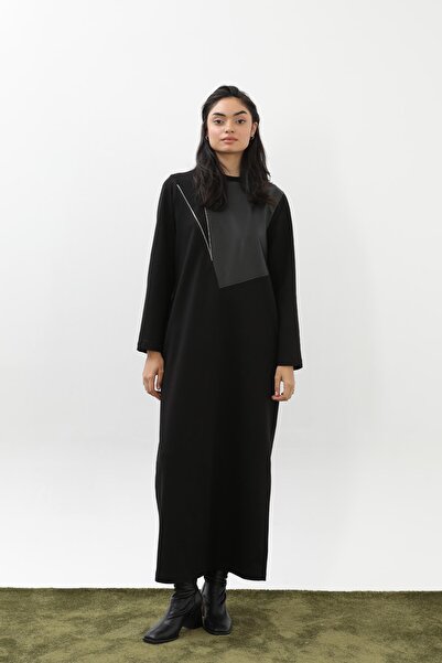 Puane Women's Zipper and Leather Detailed Asymmetrical Dress - 12656Elb - Black