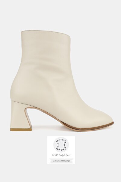 TUNAELLİ KADIN BEJ HAKİKİ DOĞAL DERİ 35-41 NUMARA KALIN TOPUKLU KARE BURUNLU BOT & BOOTİE