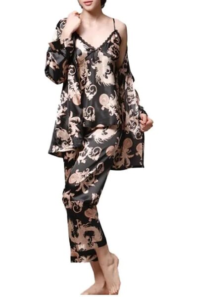 Margoun 3-Piece Women's Satin Pajama Set with Dragon Print (Cami, Robe, Pants...