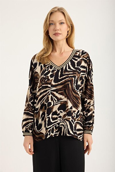 HomeStore Zebra Desenli Simli Ribanalı V Bluz