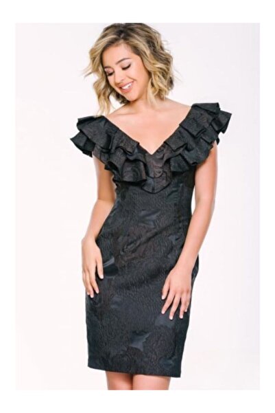 Jovani New York Black fitted midi jacquard occasion dress with roses