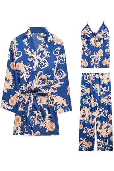 Margoun 3-Piece Women's Satin Pajama Set with Dragon Print (Cami, Robe, Pants) TZ013