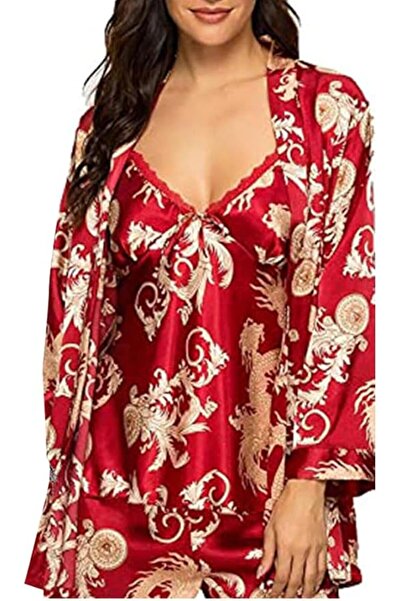 Margoun 3-Piece Women's Satin Pajama Set with Dragon Print (Cami, Robe, Pants) TZ013