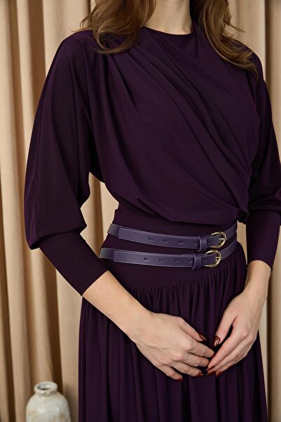 Puane Kadın Kruvaze Yaka Kuşaklı Uzun Elbise -12659ELB