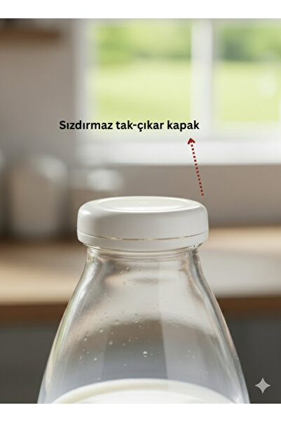 Milea 4 ADET Sürahi Süt, Ayran,Limonata, Meşrubat Şişesi Beyaz Plastik Kapaklı 1000 ml Şeffaf Cam Şişe