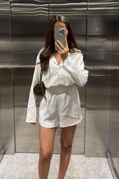 Nazliye Beyaz Şort Gömlek Ham Keten Takım