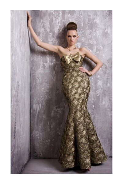 Jovani New York Long golden mermaid taffeta evening dress with bow