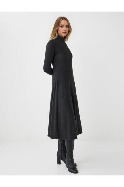Jimmy Key Antrasit Melanj Balıkçı Yaka Yumuşak Dokulu Örme Midi Elbise