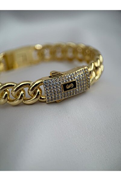 Luseda Taşlı Gurmet Çelik Kelepçe Gold VIP Bileklik Çap 6.5CM