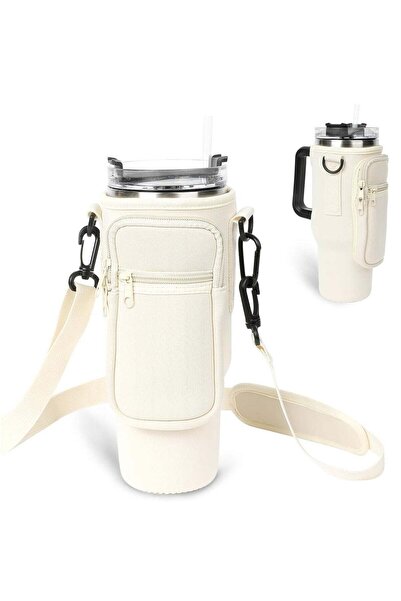 Generic Water Bottle Carrier Bag for Stanley 40oz Tumbler with Pouch & Adjustable Strap (White)