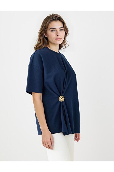 Jimmy Key Πλεκτό μπλουζάκι με κοντό μανίκι λεπτομέρεια με σούρες με λαιμόκοψη σε μπλε ναυτικό