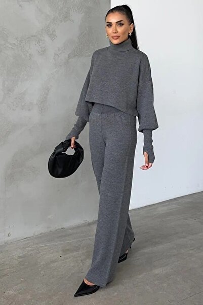 munora butik Finger-Cut High Waist Knitwear Grey Suit Two Piece Sets 015