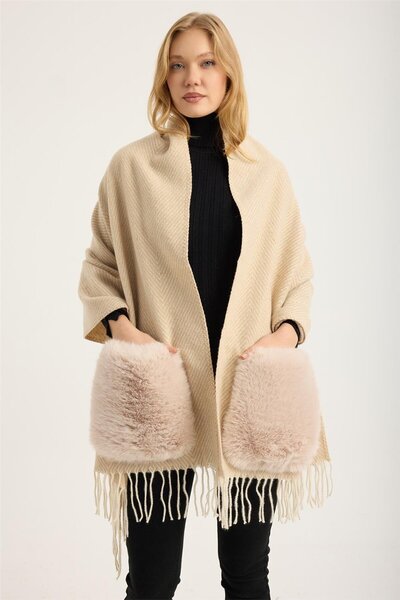 HomeStore Kürk Cepli Saçaklı Şal