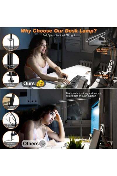 X SPRING LED Desk Lamp for Office Home, Eye-Caring Desk Light Clamp for Reading, Study, Workbench (Black)