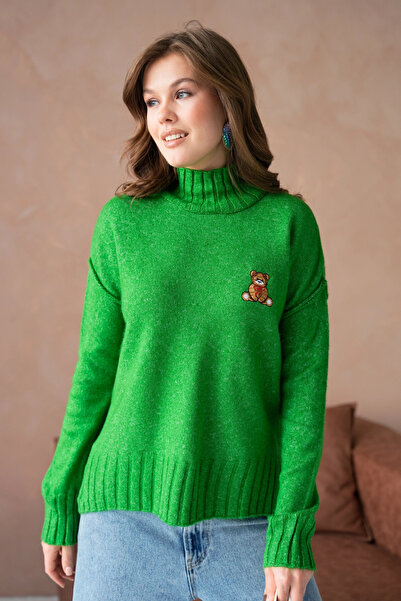 Park Karon Women's Mock Neck Embroidery Detail Slit Knitwear Sweater