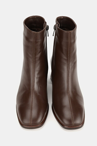 TUNAELLİ Women's Brown Genuine Natural Leather Size 35-41 Thick Heel Square Toe Boots & Booties