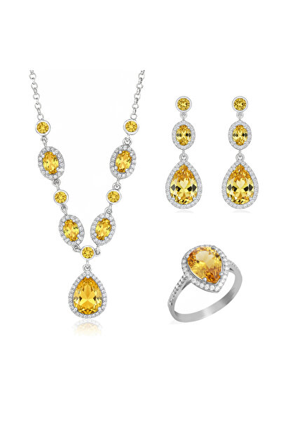 Silveranka 925 Ayar Gümüş Sitrin Kristal Elegance Davet Takı Seti