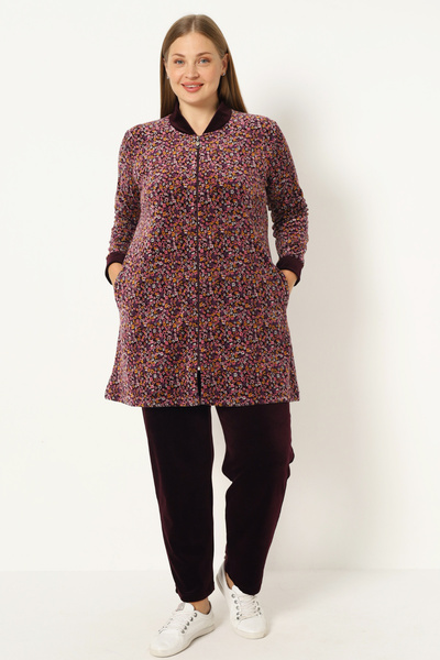 İntensive Дамски комплект от спортен екип с дълги ръкави, с цип и джобове, от памучен кадиф с флорални мотиви, в големи размери