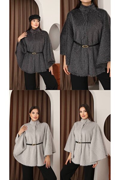 DESTİNA Women's Front Snap Closure Poncho Cardigan with Belt Detail