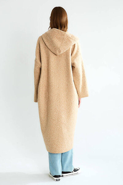 QİMYA BUTİK Robi̇n Women's K Hooded Bag Pocket Unlined Lightweight Boucle Cashmere O Oversized Long Coat