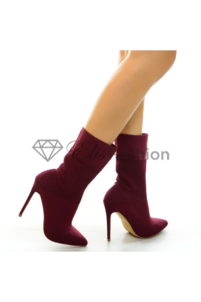 Elis Fashion Botine de dama grena din material elastic cu toc stiletto de 11 cm #5287