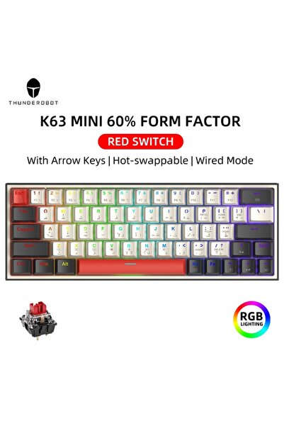 THUNDEROBOT 63 Keys Arabic English Gaming Keyboard, Outemu Red Switch, Hot Swappable, RGB Lighting - White/Black