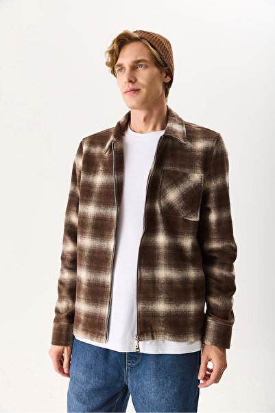 VENA Ανδρικό μπουφάν με φερμουάρ μπροστά και σχέδιο - καφέ