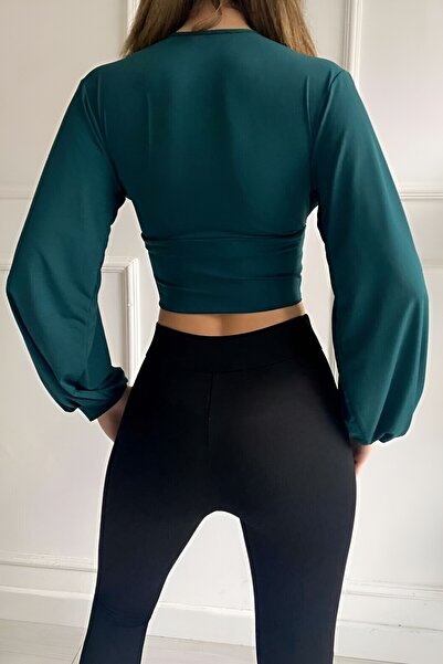 SİA LESS Balloon Sleeve Low-Cut Short Above Waist Top Stretch Fabric Sandy Fabric