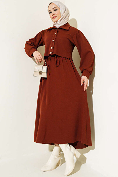 Tesettür Diyarı Set de tricotaje cu jachetă din jerseu cu talie elastică - Maro