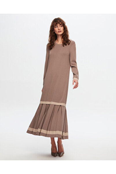 MISS DALIDA T24Y-4010 Üst Kısmı Düz Plise Detaylı Elbise 002-MİNK