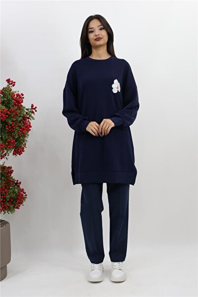 Puane Önü Arkası Nakış Detaylı Modal Tunik - Lacivert