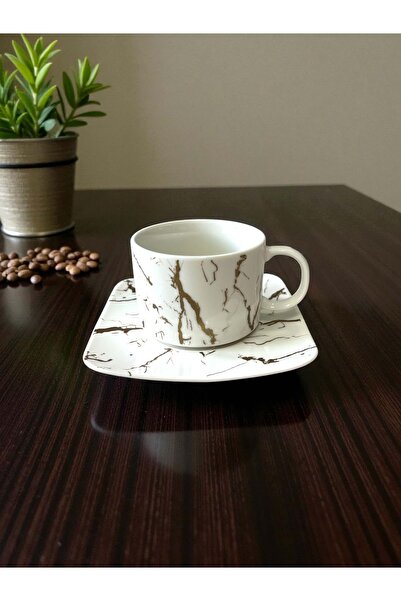 Malooki Set of 6 coffee cups with square saucers – White and gold marble pattern