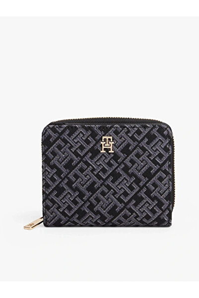 Tommy Hilfiger Women's Th Monogram Logo Patterned Zippered Interior Compartment Black Wallet Aw0Aw17957-Bds